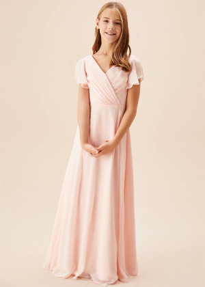 Flutter Sleeves Petal Pleated Chiffon Junior Bridesmaid Dress